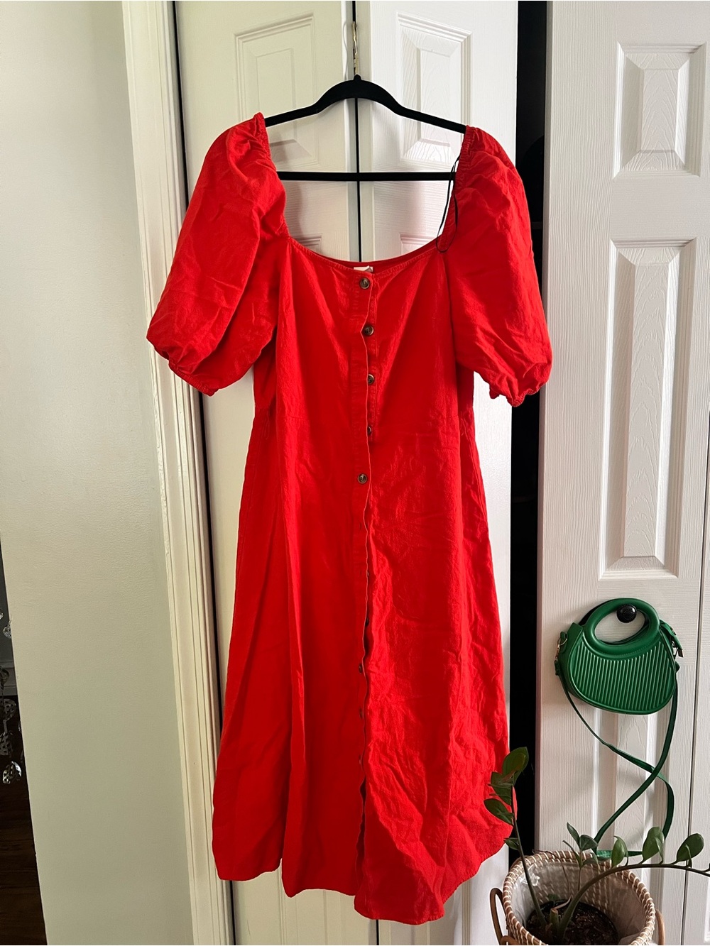 H&M Red Button-Front Midi Dress with Puff Sleeves